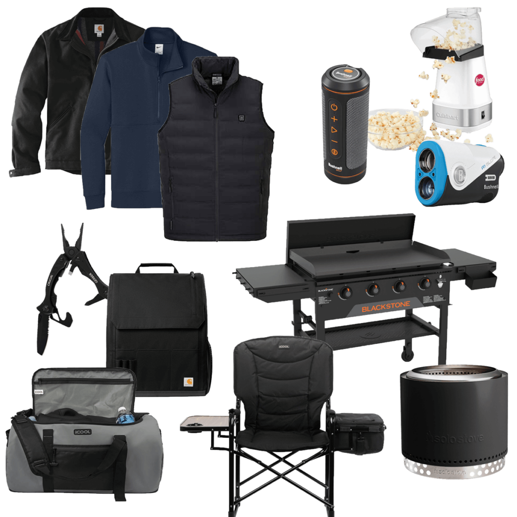 SSC Swag Prizes, jackets, vest, speaker, pocporn maker, camera, Blackstone grill, folding chair, Solo Stove fire pit, multi-tool, duffel bag, backpack