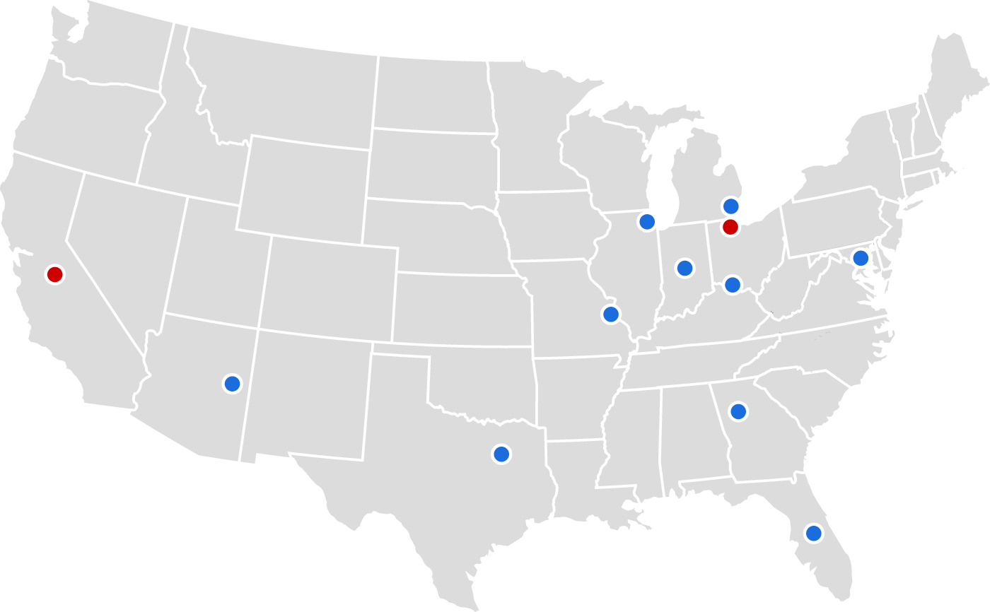 SSC Service Center location map differentiating service centers in Atlanta, Baltimore, Chicago, Cincinnati, Detroit, Dallas, Indianapolis, Orlando, Phoenix and St. Louis to manufacturing plants and service centers in Toledo and Visalia